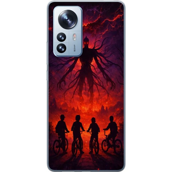 Kompatibel Mobilcover til Xiaomi 12 Pro Mørk fantasyillustration inspireret af Stranger Things med overnaturligt væsen, lyn og cyklende børn i et int