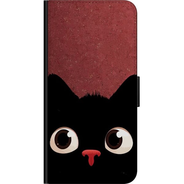 Kompatibelt Plånboksfodral till OnePlus 9 Pro Minimalistisk svart katt med stora ögon – charmigt djurmotiv i modern grafisk stil