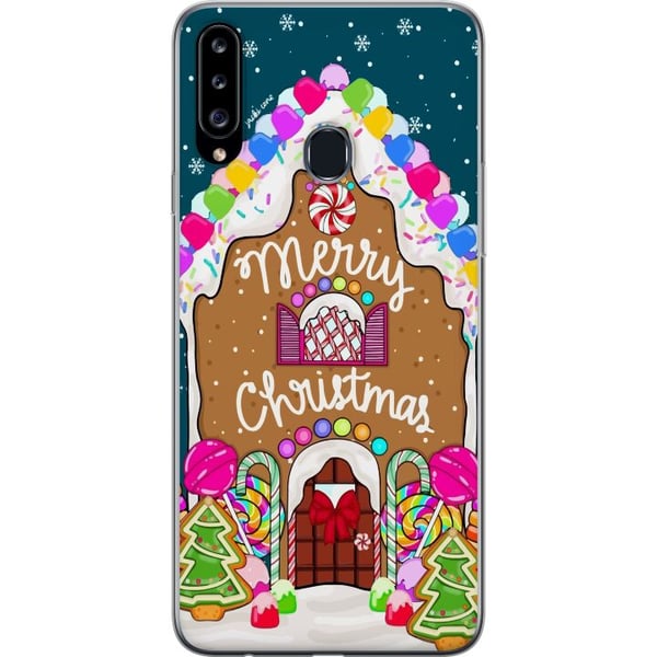 Kompatibelt Mobilskal till Samsung Galaxy A20s Charmigt pepparkakshus med färgglada godisar snödetaljer och Merry Christmas text ett mysigt motiv per