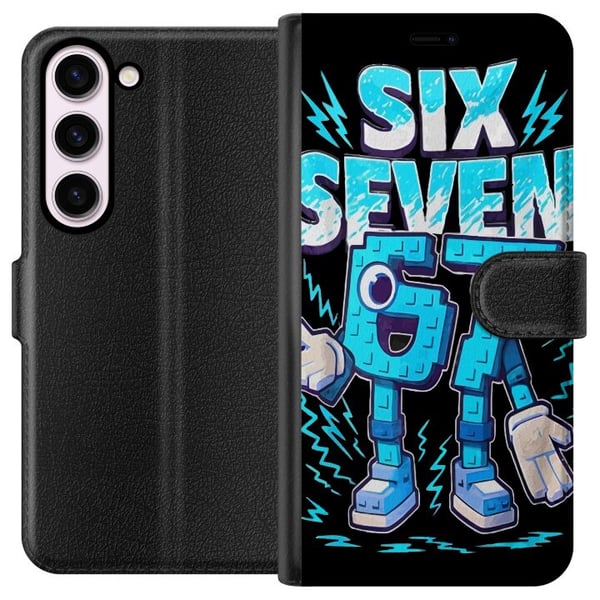 Kompatibelt Plånboksfodral till Samsung Galaxy S23 Lekfull blå Six Seven-illustration i retro arkadstil med stark typografi och gamingkänsla