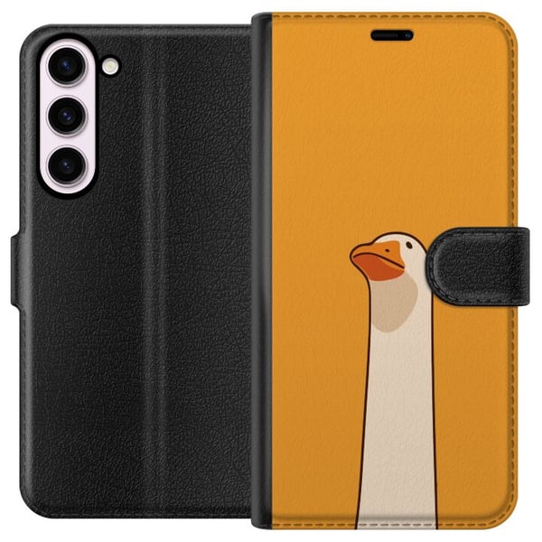 Yhteensopiva Lompakkokotelo Samsung Galaxy S23+ Minimalistinen hanhi-illustratio lämpimällä keltaisella taustalla – humoristinen eläindesign modernil
