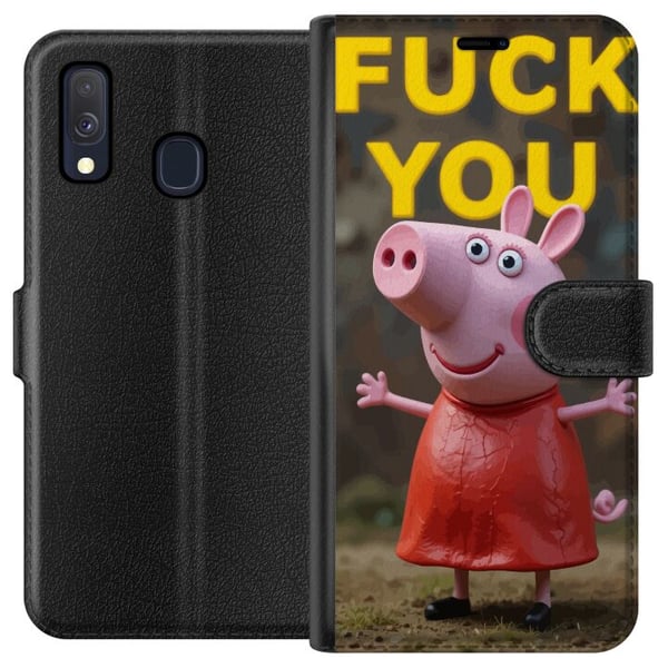 Kompatibelt Plånboksfodral till Samsung Galaxy A40 Söt tecknad Peppa Pig-liknande grisfigur i rosa med trotsig pose och tydlig text i gult, humoristi