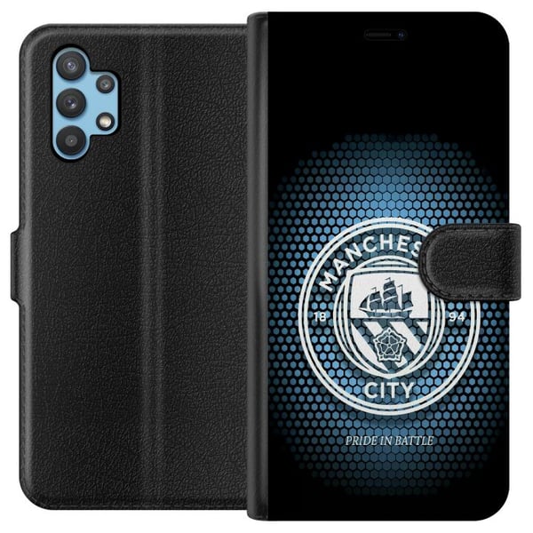 Kompatibelt Plånboksfodral till Samsung Galaxy A32 5G Manchester City fotboll Erling Haaland blå klubbdesign illustration