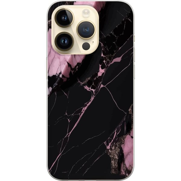 Yhteensopiva Puhelinkuori Apple iPhone 14 Pro Musta ja vaaleanpunainen marmorikuvio, jossa on voimakkaita kontrasteja, teräviä halkeamalinjoja ja kii