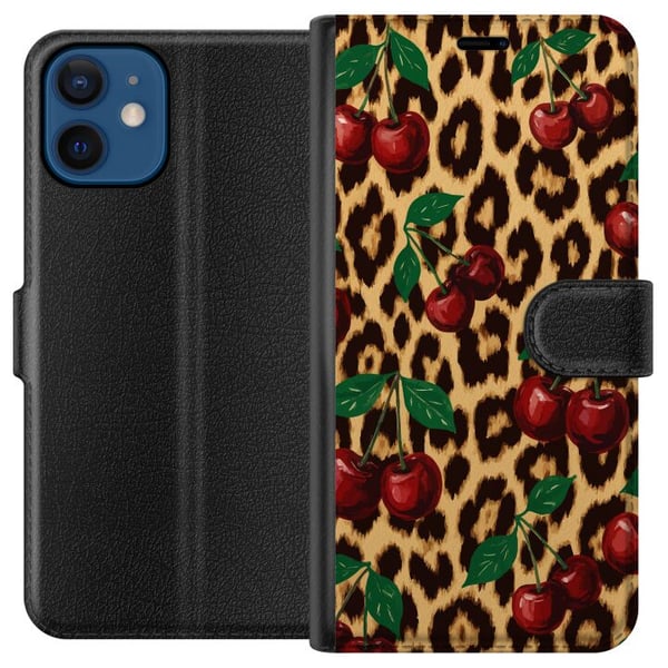 Kompatibel Tegnebogsetui til Apple iPhone 12 mini Kirsebær leopardmønster kirsebær retro rockabilly pinupstil kirsebærtryk leopardbaggrund modekunst