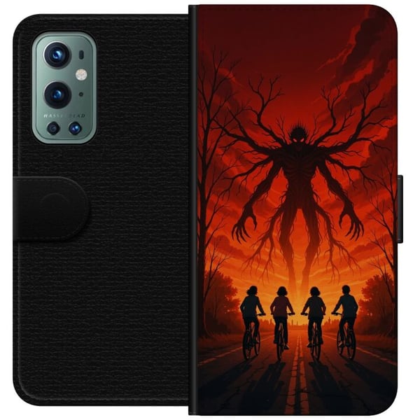 Kompatibelt Plånboksfodral till OnePlus 9 Pro Mörk Stranger Things-inspirerad skräckillustration med röd himmel, hotfullt monster och cyklande barn i