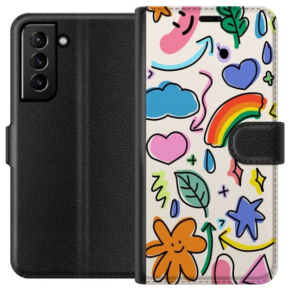 Kompatibelt Lommeboketui til Samsung Galaxy S21+ 5G Doodle-illustrasjon med stjerner, hjerter, regnbue, skyer, blader og piler – perfekt for deg som Kompatibelt Lommeboketui til Samsung Galaxy S21+ 5G Doodle-illustrasjon med stjerner, hjerter, regnbue, skyer, blader og piler – perfekt for deg som