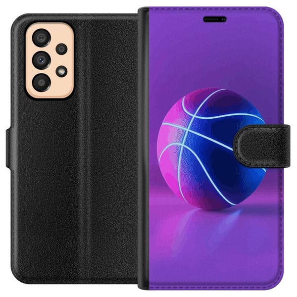 Yhteensopiva Lompakkokotelo Samsung Galaxy A33 5G Koripallojuliste neon koripallo urheilu hehkuva violetti sininen retro-kenttä urheilija urheiludesi