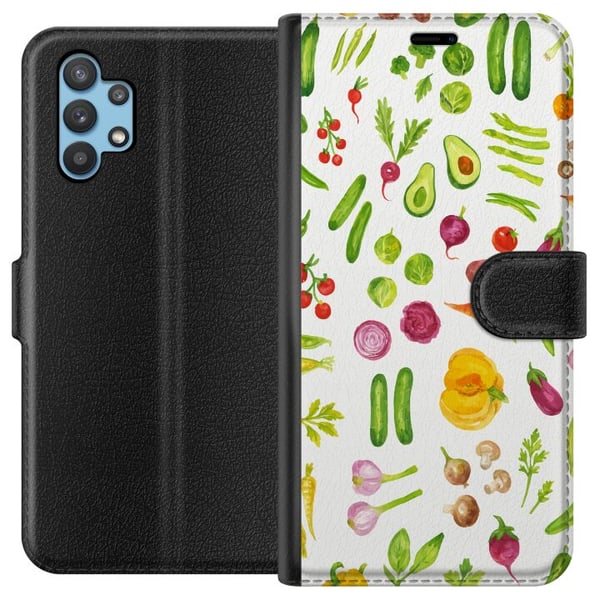 Kompatibelt Plånboksfodral till Samsung Galaxy A32 5G Veggies pattern vegetables avocado tomato cucumber broccoli healthy food poster kök design retr