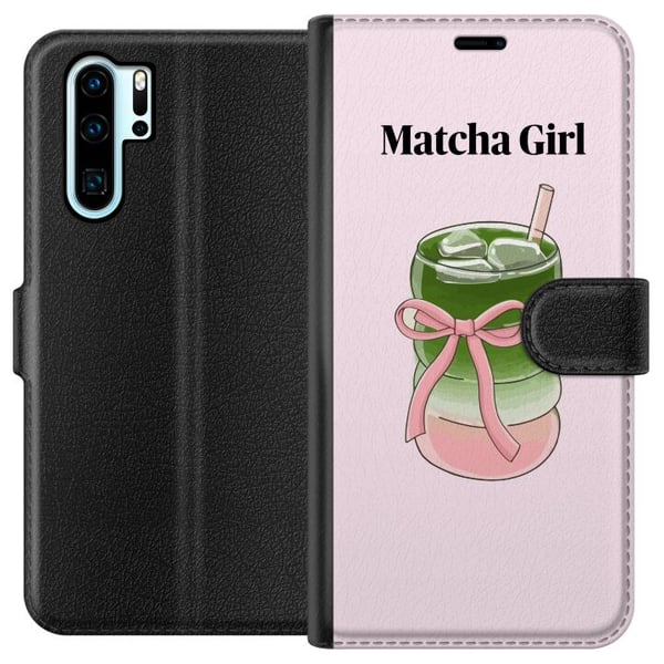 Kompatibelt Plånboksfodral till Huawei P30 Pro Matcha Girl illustration – Kawaii te-inspirerad design med rosa rosett