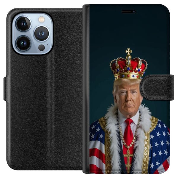 Kompatibelt Plånboksfodral till Apple iPhone 13 Pro Porträtt av Donald Trump klädd som kung med krona och mantel i USA-flaggan, symbolisk och provoce