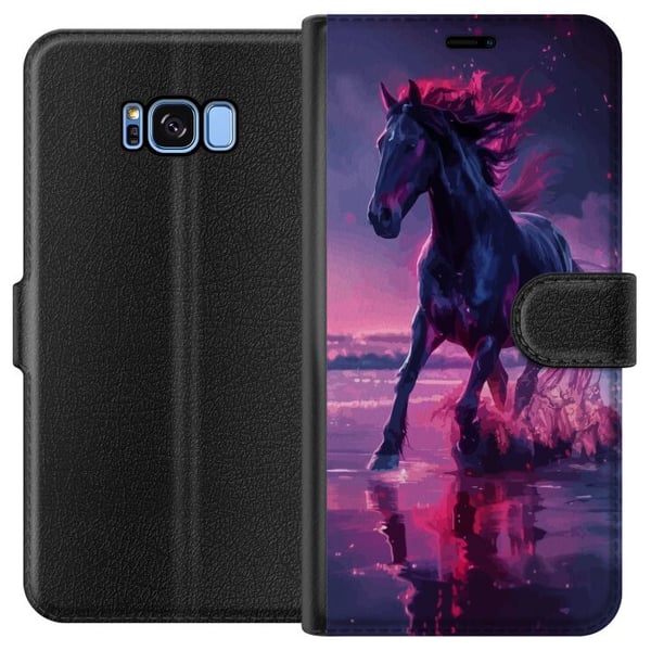 Kompatibelt Plånboksfodral till Samsung Galaxy S8 Elegant svart häst som springer genom vatten i lila och rosa ljus med magisk känsla Kompatibelt Plånboksfodral till Samsung Galaxy S8 Elegant svart häst som springer genom vatten i lila och rosa ljus med magisk känsla