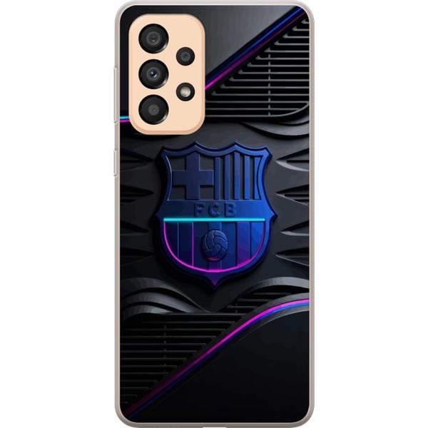 Kompatibelt Mobildeksel til Samsung Galaxy A33 5G FC Barcelona-emblem i neonblått og rosa med futuristisk metallfølelse