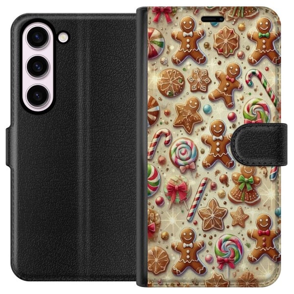 Yhteensopiva Lompakkokotelo Samsung Galaxy S23 Jouluaiheinen kuvitus – polkakepit, piparkakut ja värikkäät joulukarkit