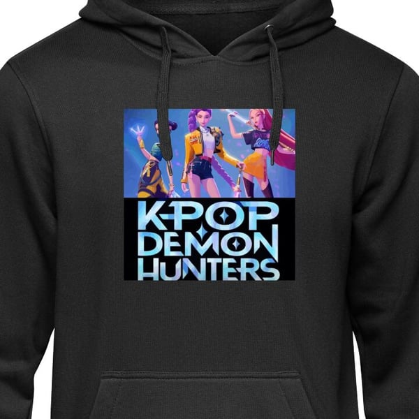 Barnehettegenser Kpop Demon Hunters - Koreansk idolband plakat med anime, spill, fantasi, tegneserie, retro stil fanart design Svart 9-11 År