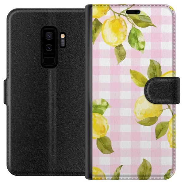 Kompatibelt Plånboksfodral till Samsung Galaxy S9+ Lemon pink gingham pattern – citronmönster med rosa rutigt motiv i pastell och somrig estetisk sti