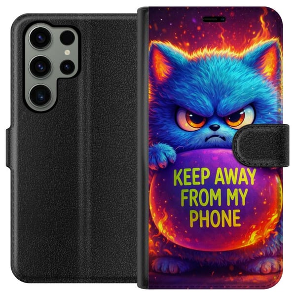 Kompatibel Tegnebogsetui til Samsung Galaxy S23 Ultra Vred, lodden blå kat med teksten Keep Away From My Phone i neonfarver og flammelignende effekte
