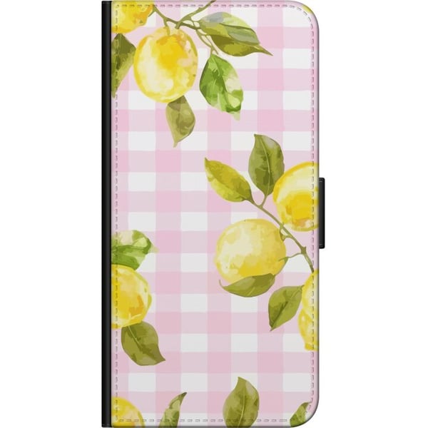 Kompatibelt Plånboksfodral till Samsung Galaxy A20s Lemon pink gingham pattern – citronmönster med rosa rutigt motiv i pastell och somrig estetisk st
