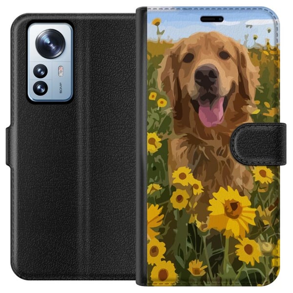 Kompatibel Tegnebogsetui til Xiaomi 12 Pro Golden Retriever Solrosfält Hundmotiv Natur Sommar Design