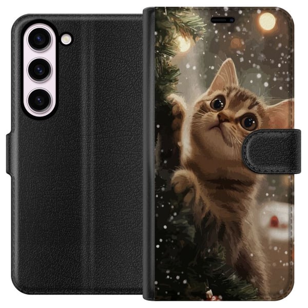 Yhteensopiva Lompakkokotelo Samsung Galaxy S23 Joulukuuseen kiipeävä kissa lumisateessa, kodikas talvidesign täydellinen kissa- ja joulun ystäville