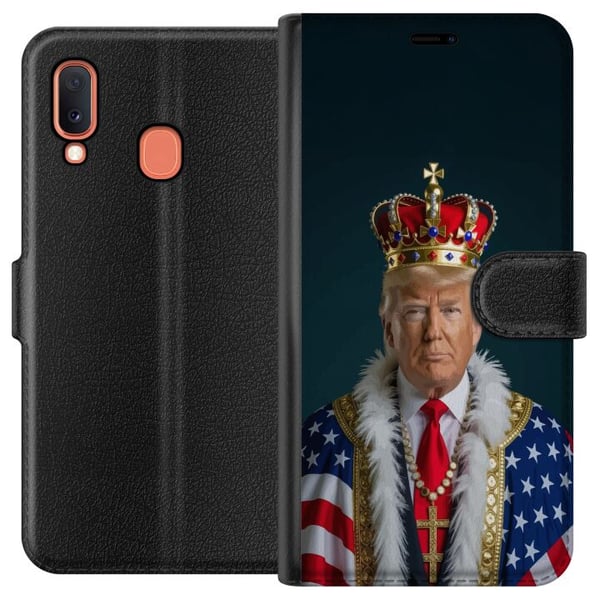 Kompatibelt Lommeboketui til Samsung Galaxy A20e Portrett av Donald Trump kledd som konge med krone og kappe i USAs flagg, symbolsk og provoserende m Kompatibelt Lommeboketui til Samsung Galaxy A20e Portrett av Donald Trump kledd som konge med krone og kappe i USAs flagg, symbolsk og provoserende m