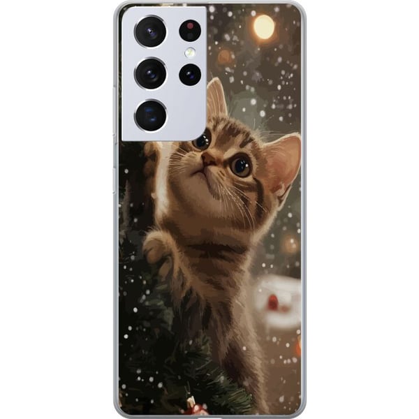Kompatibel Mobilcover til Samsung Galaxy S21 Ultra 5G Kat, der klatrer i juletræ med snefald, hyggeligt vinterdesign perfekt til katte- og juleelsker