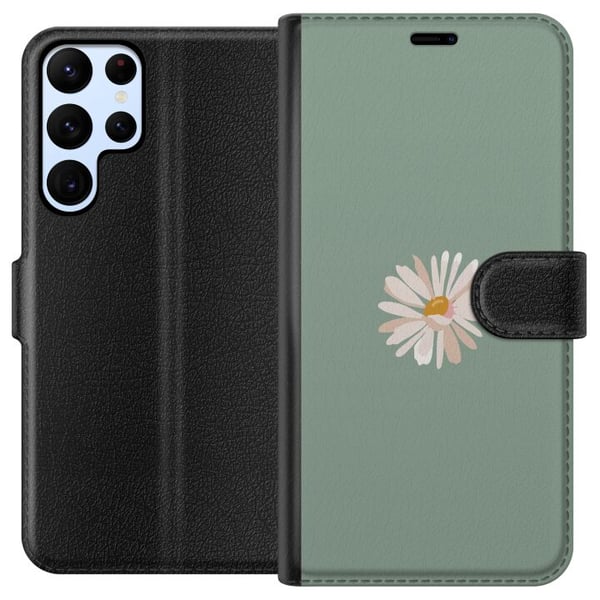 Yhteensopiva Lompakkokotelo Samsung Galaxy S22 Ultra 5G Vihreä Minimalikukka - tyylikäs kukka vihreällä taustalla