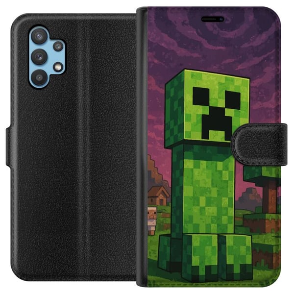 Kompatibelt Plånboksfodral till Samsung Galaxy A32 5G Blockig grön figur i pixlad fantasivärld med träd hus och djur i retro spelmiljö Kompatibelt Plånboksfodral till Samsung Galaxy A32 5G Blockig grön figur i pixlad fantasivärld med träd hus och djur i retro spelmiljö