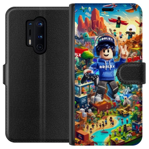 Yhteensopiva Lompakkokotelo OnePlus 8 Pro Suuri, yksityiskohtainen Roblox-maailma täynnä hahmoja, seikkailuja ja värikkäitä ympäristöjä