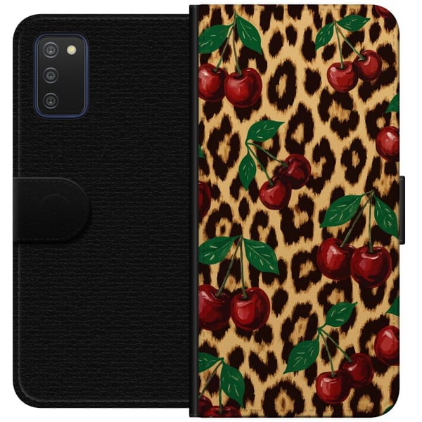 Kompatibelt Lommeboketui til Samsung Galaxy A03s Kirsebær leopardmønster kirsebær retro rockabilly pinupstil kirsebærtrykk leopardbakgrunn motekunst