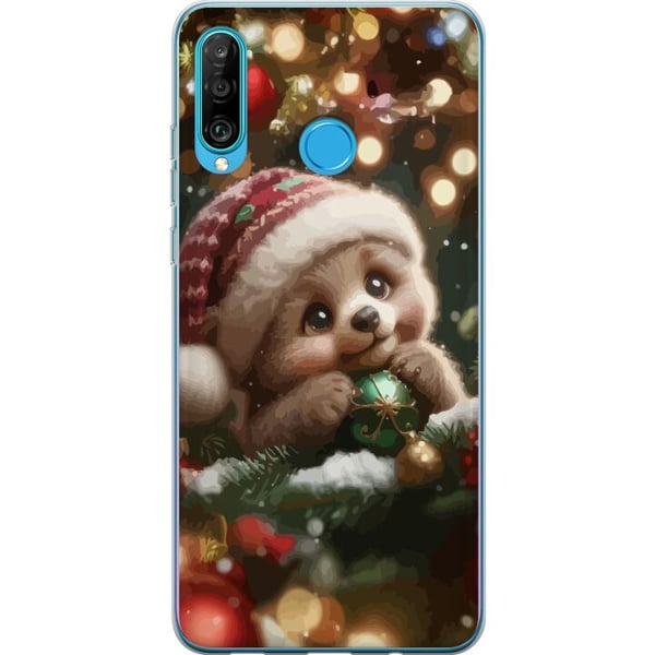 Kompatibel Mobilcover til Huawei P30 lite Julesovende bjørn kugler sød bjørn hyggelige lys jul kawaii varm højtid sød vinter plakat
