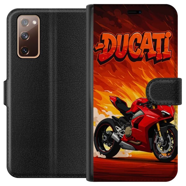 Kompatibelt Plånboksfodral till Samsung Galaxy S20 FE Ducati röd sportmotorcykel mot eld bakgrund fartfyllt motiv för motorälskare