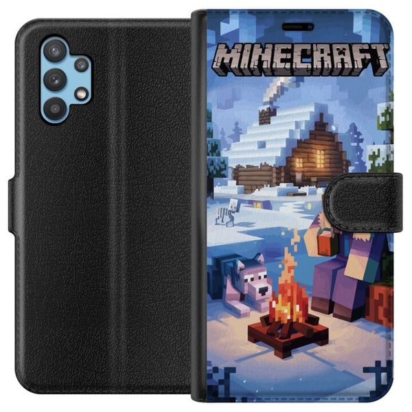 Kompatibelt Plånboksfodral till Samsung Galaxy A32 5G Minecraft vintermotiv med Steve varg lägereld och snöig stuga spelillustration för Minecraft fa Kompatibelt Plånboksfodral till Samsung Galaxy A32 5G Minecraft vintermotiv med Steve varg lägereld och snöig stuga spelillustration för Minecraft fa