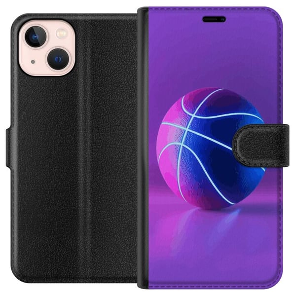 Kompatibelt Plånboksfodral till Apple iPhone 13 mini Basket ball poster neon basketboll sport glowing purple blue retro court athlete sports design a