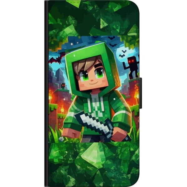 Kompatibelt Lommeboketui til Samsung Galaxy A03s Minecraft-gutten med grønn hettegenser – tegnet Minecraft-gutt med sverd, piksler og eventyrtema