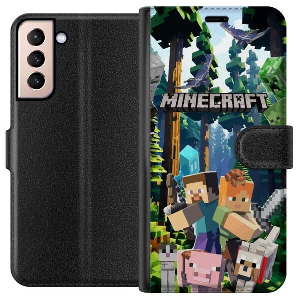 Kompatibelt Lommeboketui til Samsung Galaxy S21 Minecraft mobildeksel med skog og figurer i pikselstil