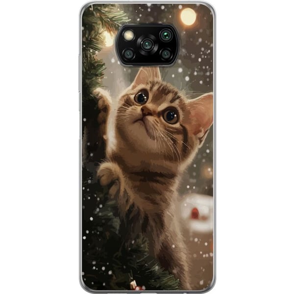 Kompatibelt Mobildeksel til Xiaomi Poco X3 NFC Katt som klatrer i juletre med snøfall, koselig vinterdesign perfekt for katte- og juleelskere
