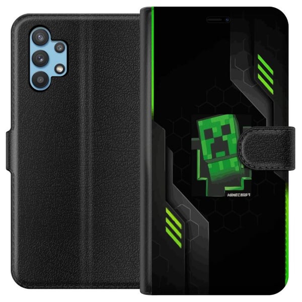 Kompatibelt Plånboksfodral till Samsung Galaxy A32 5G Grön pixelbaserad creeperliknande spelillustration i futurisk neonstil för gamingrum Kompatibelt Plånboksfodral till Samsung Galaxy A32 5G Grön pixelbaserad creeperliknande spelillustration i futurisk neonstil för gamingrum