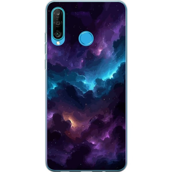 Kompatibelt Mobilskal till Huawei P30 lite Kosmisk nebulosa med djupa lila och blå moln, glödande ljusöppningar, stjärnprickar och rymdkänsla som ska