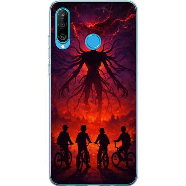 Kompatibelt Mobilskal till Huawei P30 lite Mörk fantasyillustration inspirerad av Stranger Things med övernaturlig varelse, blixtar och cyklande barn