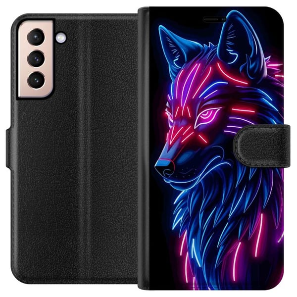 Kompatibelt Lommeboketui til Samsung Galaxy S21 Neonbelyst ulv i blått og rosa lys med futuristisk cyberpunkfølelse