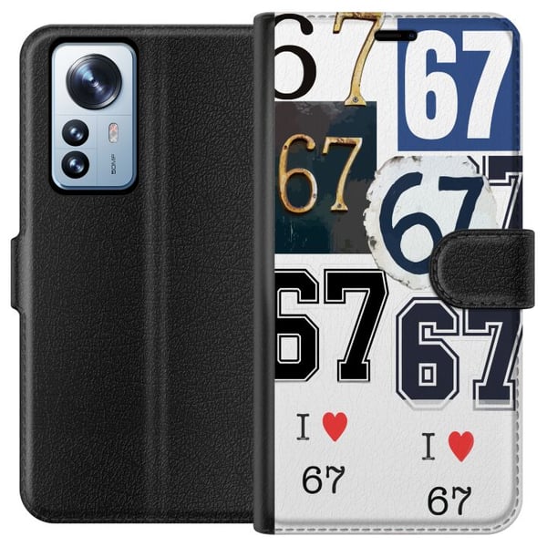 Yhteensopiva Lompakkokotelo Xiaomi 12 Pro 67-meemi vintage-numerokollaasi – retro 6–7-numerodesign klassisilla kirjasimilla ja vintage-tunnelmalla