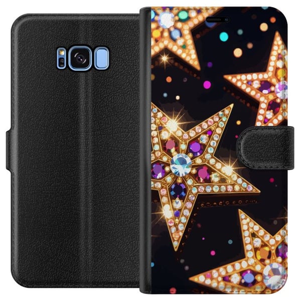 Kompatibelt Plånboksfodral till Samsung Galaxy S8 Gyllene glitterstjärnor med kristaller och festlig ljuseffekt på mörk bakgrund ett elegant motiv fö
