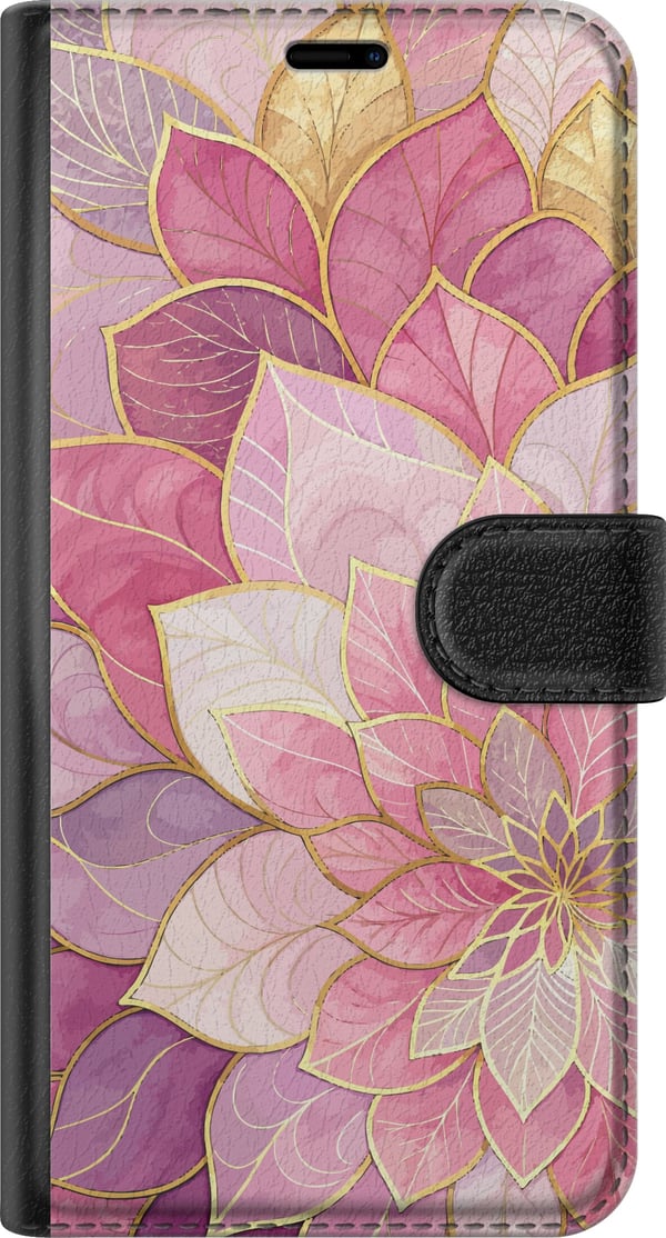 Kompatibel Tegnebogsetui til Xiaomi 11T Blomstermandala – Rosa og lilla mønster med gyldne detaljer illustration