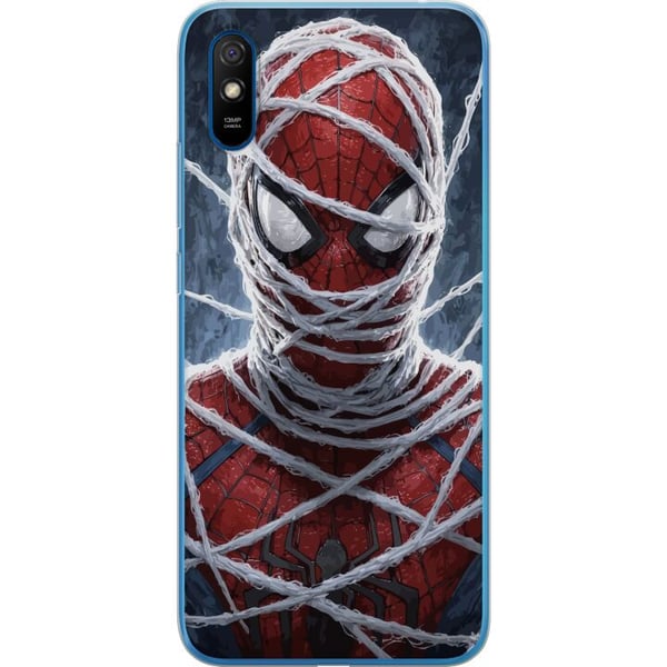 Kompatibelt Mobilskal till Xiaomi Redmi 9A Spider-Man täckt av täta nätlager i dramatisk närbild som framhäver maskens struktur intensitet och kraftf