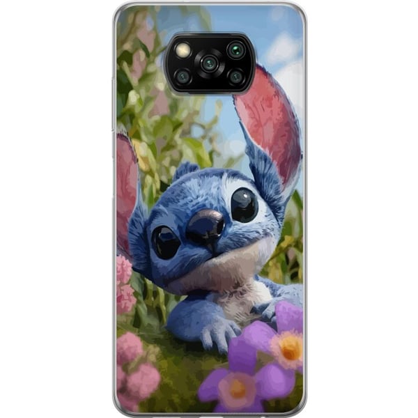 Kompatibel Mobilcover til Xiaomi Poco X3 NFC Blå tegnet figur inspireret af Stitch i naturlige omgivelser med blomster og et sødt udtryk, perfekt til