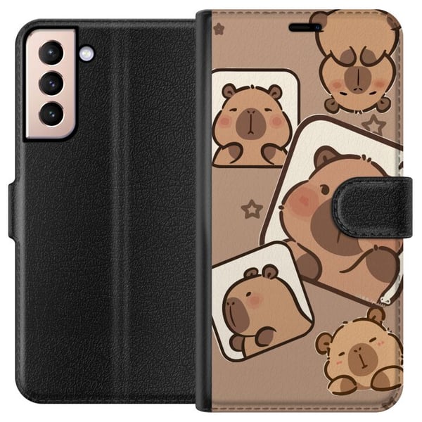 Kompatibelt Lommeboketui til Samsung Galaxy S21 Capybara Frame Friends Lekent design med små kapybaraer i ruter med stjerner og beige bakgrunn