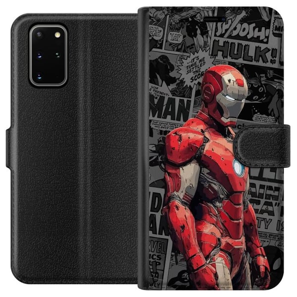Kompatibelt Plånboksfodral till Samsung Galaxy S20+ Iron Man illustration i röd rustning med serietidningsbakgrund kraftfullt motiv för filmfans