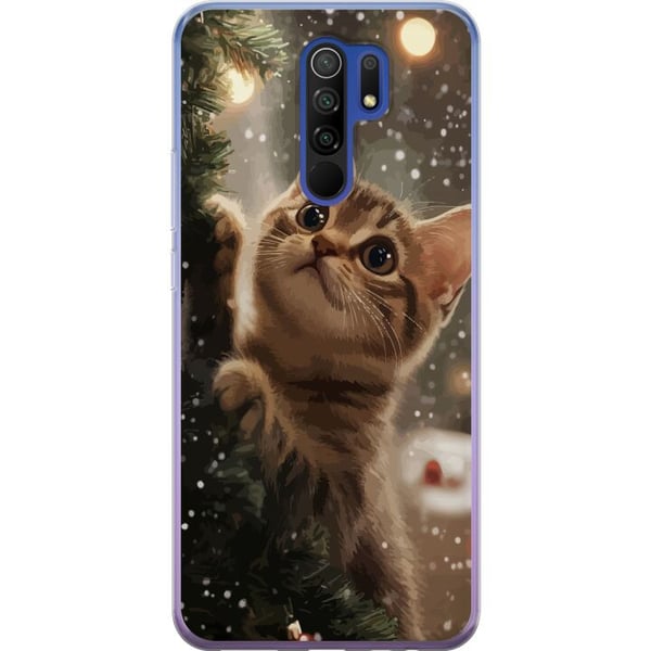 Kompatibelt Mobilskal till Xiaomi Redmi 9 Katt som klättrar i julgran med snöfall mysig vinterdesign perfekt för katt och julälskare