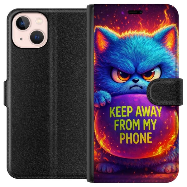 Yhteensopiva Lompakkokotelo Apple iPhone 13 Vihainen, pörröinen sininen kissa, jossa lukee Keep Away From My Phone, neonväreissä ja liekkimäisin teho